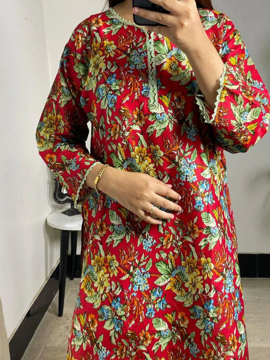 2 Pcs Women's Stitched Lawn Printed Shirt And Trouser