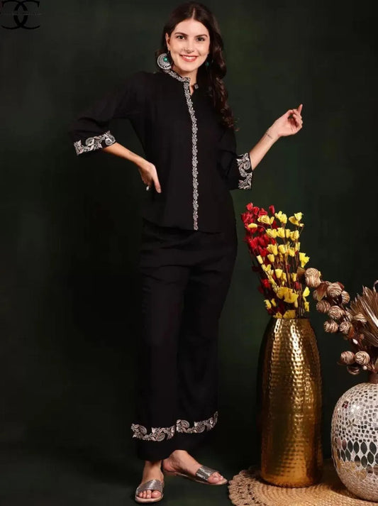 2 Pcs Women's Stitched Cotton Embroidered Shirt And Trouser