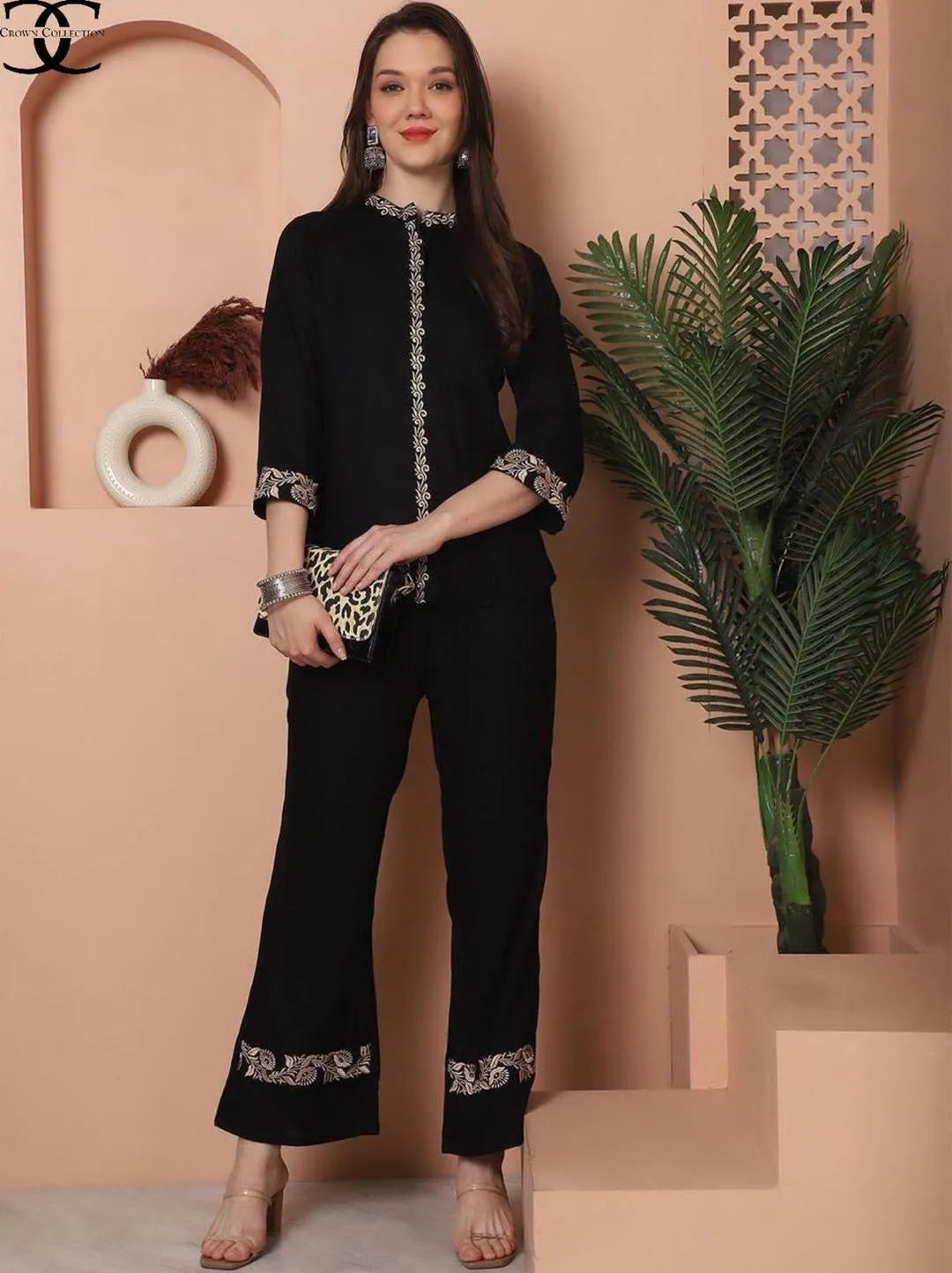 2 Pcs Women's Stitched Cotton Embroidered Shirt And Trouser