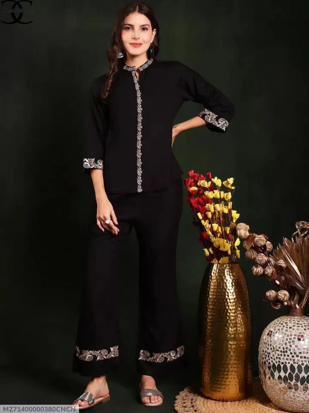 2 Pcs Women's Stitched Cotton Embroidered Shirt And Trouser