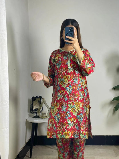 2 Pcs Women's Stitched Lawn Printed Shirt And Trouser