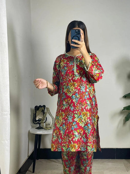 2 Pcs Women's Stitched Lawn Printed Shirt And Trouser