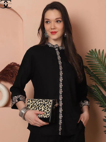 2 Pcs Women's Stitched Cotton Embroidered Shirt And Trouser