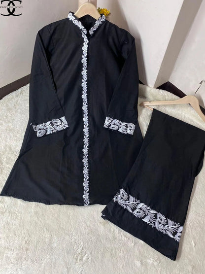2 Pcs Women's Stitched Cotton Embroidered Shirt And Trouser