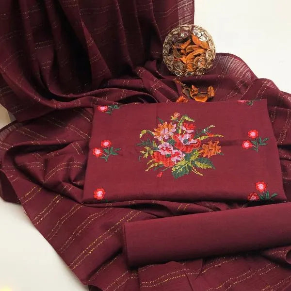 3 Pcs Women's Unstitched Embroidered Suit