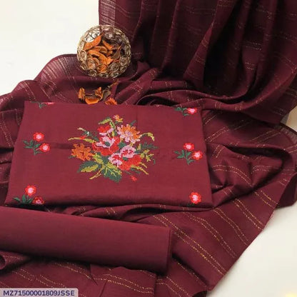 3 Pcs Women's Unstitched Embroidered Suit