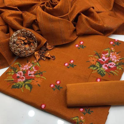3 Pcs Women's Unstitched Embroidered Suit